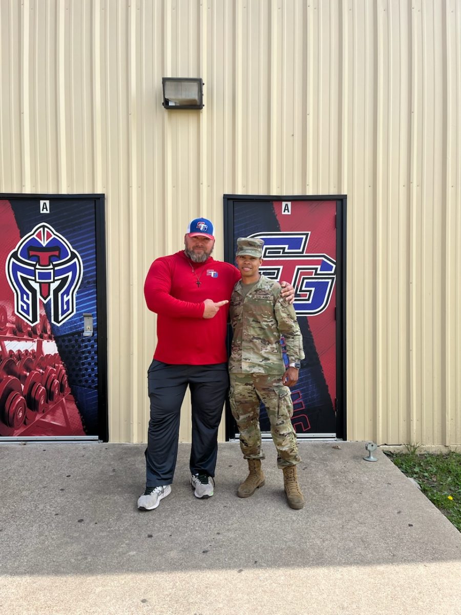 Coach Sanel Plancic is visited by former student Private McGee before leaving to Fort Bliss in El Paso to join his unit.